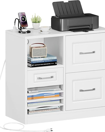 YITAHOME 3 Drawer File Cabinet, Filing Cabinet with Charging Station, Printer Stand with Open Storage Shelves, Fits for A4, Letter, Legal Size Files, White - LeafyLoom