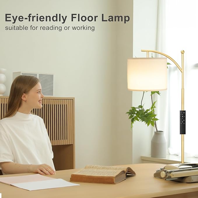 Ambimall Floor Lamp with Remote Control and Stepless Dimmable Bulb, Colors Temperature & Brightness Adjustable, Modern Floor Lamps for Living Room（White Shade & Gold Pole） - LeafyLoom