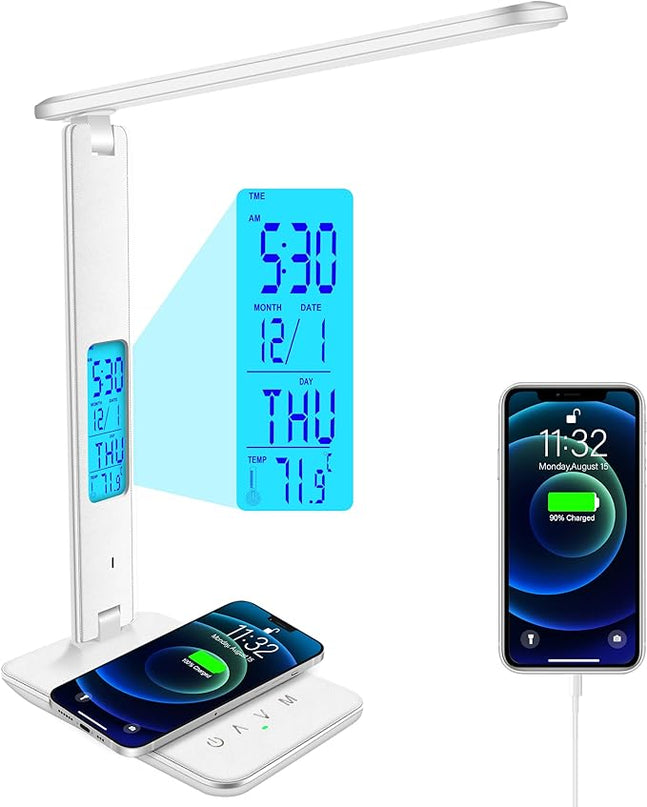 Desk Lamp with Wireless Charger, USB Charging Port, Dimmable Office Desk Light with Clock, Alarm, Date, Temperature, Foldable Lamp for Table Bedroom Bedside Office (White) - LeafyLoom
