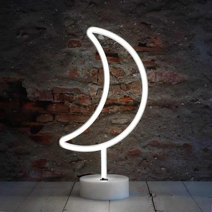 Neon Moon Lights, LED Moon Decor Neon Signs Art Decorations Crescent Night Lights Lamp for Party Supplies, Children Kids Girls Gift-Moon with Holder Base(White) - LeafyLoom