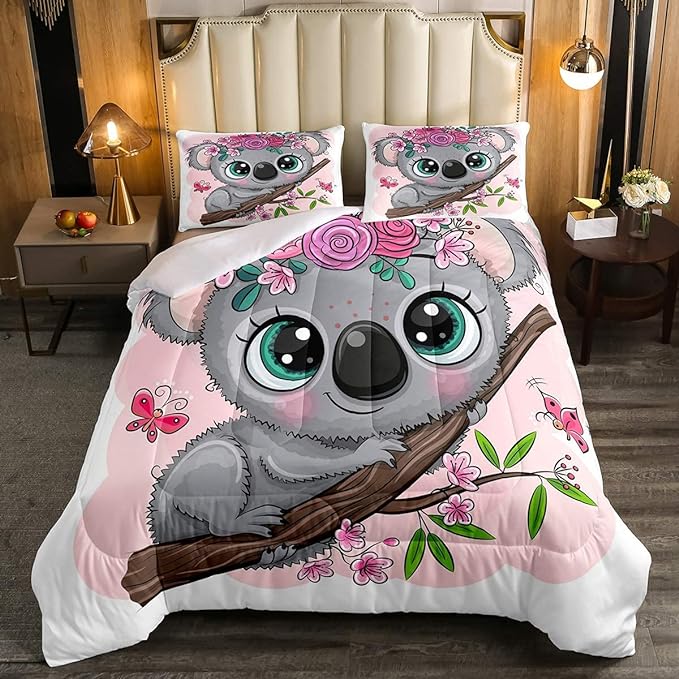Erosebridal Cartoon Koala Comforter Set Twin Size, Cute Koala Bedding Set, Cherry Blossom Rose Quilted Duvet for Kids Baby Toddler, Nursery Quilt Set, Butterfly Branch Leaves Duvet Set - LeafyLoom