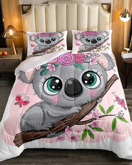 Erosebridal Cartoon Koala Comforter Set Queen Size, Cute Koala Bedding Set, Cherry Blossom Rose Quilted Duvet for Kids Baby Toddler, Nursery Quilt Set, Butterfly Branch Leaves Duvet Set - LeafyLoom