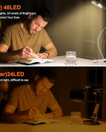 Clip on Light Reading Lights , 48 LED USB Desk Lamp with 3 Color Modes 10 Brightness, Eye Protection Book Clamp Light , 360 ° Flexible Gooseneck Clamp Lamp for Desk Headboard and Video Conferencing - LeafyLoom