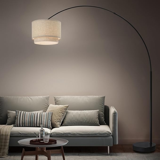 Modern 81" Tall Dimmable REMOTE CONTROL Standing Arc Floor Lamps with for Living Room - Corner Light Arching Lamp with Beige Double Shade and Marble Base - LeafyLoom