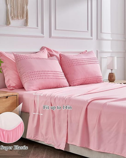 ENJOHOS Queen Comforter Set 7 Piece - Pink Comforters Queen Size, Queen Bed in a Bag Set, Boho Tufted Bedding Comforter Set with Pom Pom Design, Lightweight Soft Microfiber Comforter Bed Set - LeafyLoom