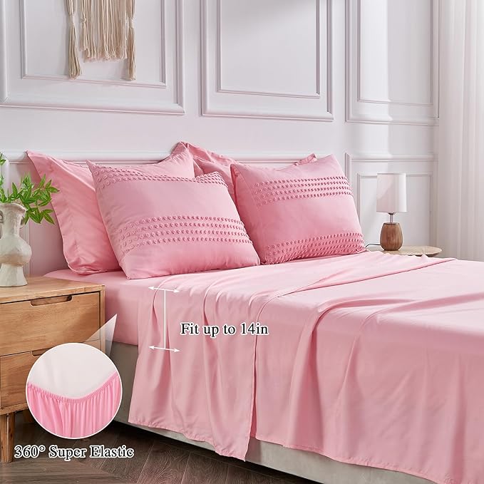 ENJOHOS Queen Comforter Set 7 Piece - Pink Comforters Queen Size, Queen Bed in a Bag Set, Boho Tufted Bedding Comforter Set with Pom Pom Design, Lightweight Soft Microfiber Comforter Bed Set - LeafyLoom