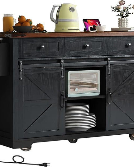 Farmhouse Island with Power Outlet, Rolling Kitchen-Cart with Drop Leaf, Storage Cabinet Table on Wheels w/Spice Rack and Drawer for Dining Room, Bar, 53, Black - LeafyLoom