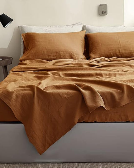 Simple&Opulence 100% Linen Sheet Set Solid Color-4 Pc Washed French Linen Bed Sheets Breathable Bedding Set-1 Flat Sheet,1 Fitted Sheet,2 Pillowcases (Full, Basic Rust) - LeafyLoom