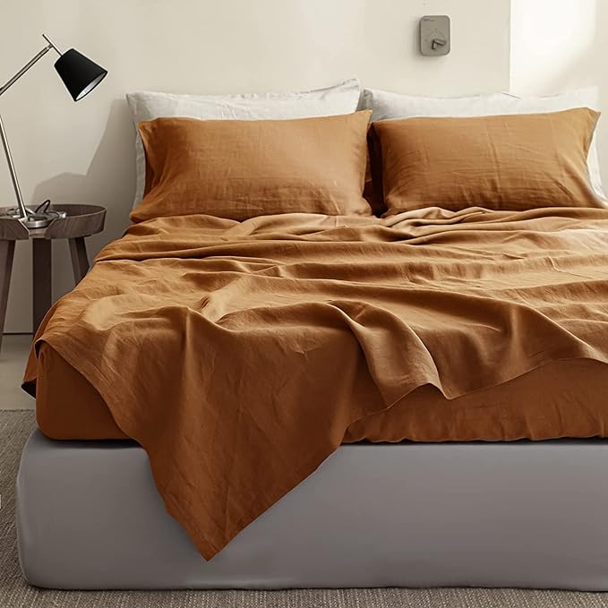 Simple&Opulence 100% Linen Sheet Set Solid Color-4 Pc Washed French Linen Bed Sheets Breathable Bedding Set-1 Flat Sheet,1 Fitted Sheet,2 Pillowcases (Full, Basic Rust) - LeafyLoom