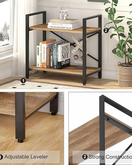 BON AUGURE Small Bookshelf for Small Space, Industrial 2 Tier Wood Metal Bookcase, Rustic Short Book Shelf for Living Room, Bedroom and Office (Vintage Oak) - LeafyLoom