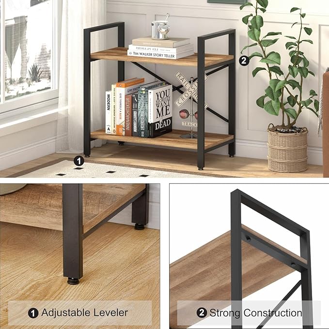 BON AUGURE Small Bookshelf for Small Space, Industrial 2 Tier Wood Metal Bookcase, Rustic Short Book Shelf for Living Room, Bedroom and Office (Vintage Oak) - LeafyLoom