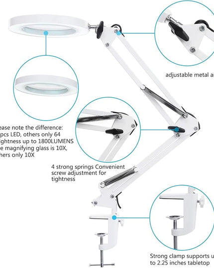 LED Magnifying Lamp with Clamp, 8-Diopter, 10X Real Glass Lens, 3 Color Modes and Stepless Dimmable Magnifier Desk Lamp,Adjustable Swivel Arm Lighted Magnifying Glass for Repair Craft Close Work-White - LeafyLoom