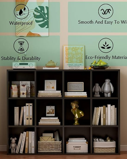 12-Cube Storage Shelf Bookcase - Wooden 3-Tier Floor Standing Open Bookshelf for Home and Office, Display Cabinet, Black - LeafyLoom