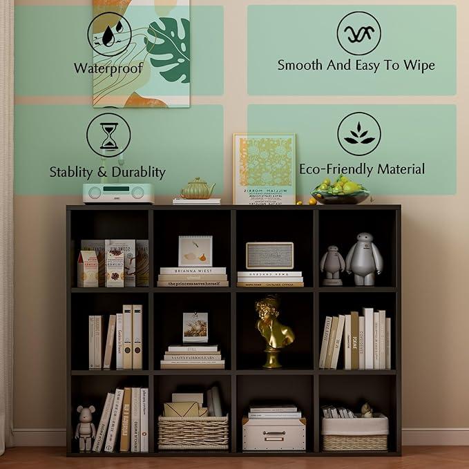 12-Cube Storage Shelf Bookcase - Wooden 3-Tier Floor Standing Open Bookshelf for Home and Office, Display Cabinet, Black - LeafyLoom