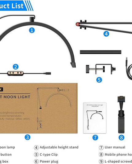 Yofuly Lash Light for Eyelash Extensions, Portable Half Moon Desk Lamp, Esthetician Light for Tattoo Artists, Nail Tech, Eyelash Lamp with Phone Holder | 3000-6000K | 10 Brightness Adjustable - LeafyLoom