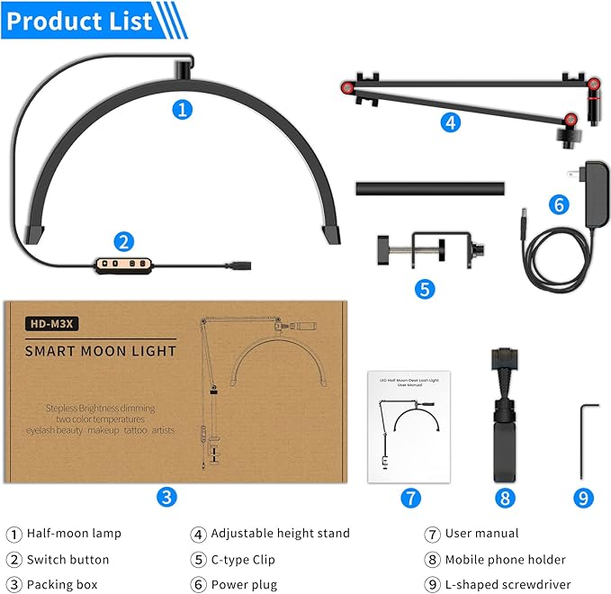 Yofuly Lash Light for Eyelash Extensions, Portable Half Moon Desk Lamp, Esthetician Light for Tattoo Artists, Nail Tech, Eyelash Lamp with Phone Holder | 3000-6000K | 10 Brightness Adjustable - LeafyLoom
