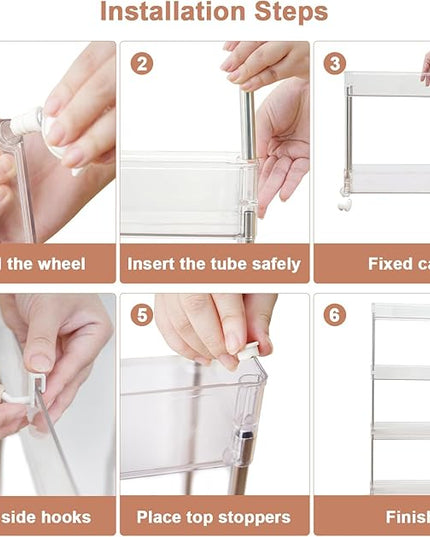 VECELO Acrylic 4-Tier Rolling Storage Cart,Multifunction Slim Utility Clear Cart Kitchen Storage Organizer,Mobile Cart with Lockable Wheels Hooks&Bucket for Home Office,Clear - LeafyLoom