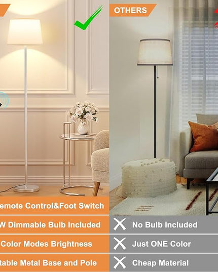 【Upgraded】Floor Lamps for Living Room, Modern Floor Lamp with Remote Control, Dimmable Colors Temperature Standing Lamp Foot Switch, 9W Bulb Tall Lamps for Bedroom Office Kid Room - Silver - LeafyLoom