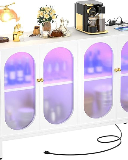 Aheaplus Sideboard Buffet Cabinet with Power Outlet, Kitchen Sideboard Storage Cabinet with LED Light, 4 Doors, Modern Accent Cabinet Coffee Bar Cabinet Console Table for Kitchen Dining Room, White - LeafyLoom