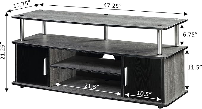 Convenience Concepts Designs2Go Monterey TV Stand with Cabinets and Shelves Home_Furniture_and_Decor, 47.25"L x 15.75"W x 21.25"H, Gray, Black - LeafyLoom