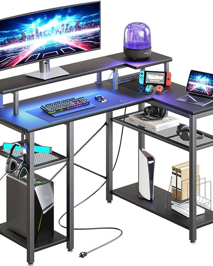 Gaming Desk with Power Outlets & Music Strip Lights, L-Shaped Desk with 2-Layer Storage on Both Sides, Large Monitor Stand for Office Home - LeafyLoom