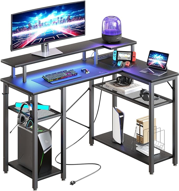 Gaming Desk with Power Outlets & Music Strip Lights, L-Shaped Desk with 2-Layer Storage on Both Sides, Large Monitor Stand for Office Home - LeafyLoom