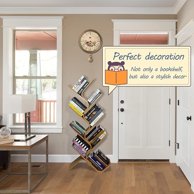 Bamboo Tree Bookshelf, 8-Tier Wood Bookcase, Free Standing Book Organizer Shelves, Books/Albums/Files Holder Display Storage Rack Space Saver for Living Room Bedroom-Log 55x23x5inch - LeafyLoom