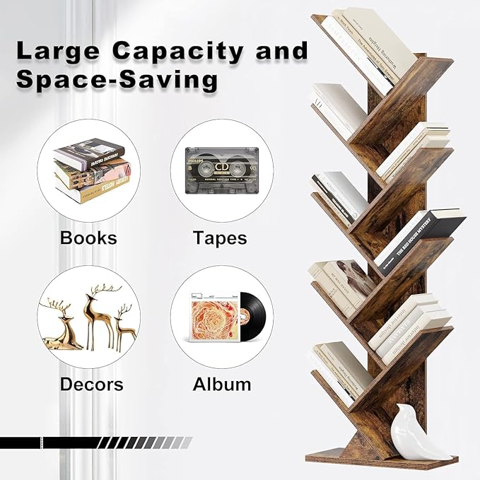 Function Home 9 Tier Tree Bookshelf, Modern Tall Geometric Bookcase, Freestanding Book Shelf, Wood Floor Storage Shelf for Living Room, Bedroom, Home Office,Rustic Brown - LeafyLoom