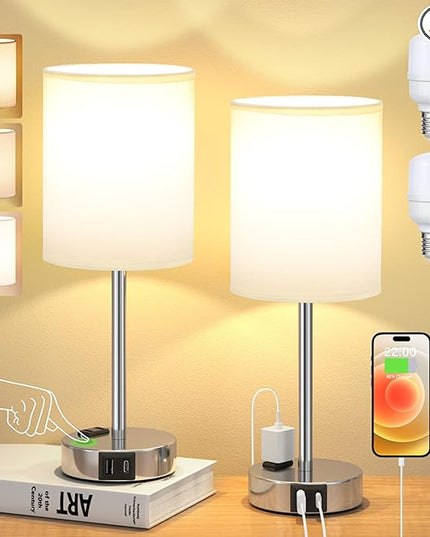 Touch Lamps for Bedrooms Set of 2 White - 3 Way Dimmable Bedside Lamp with USB C and A Ports and Outlets, Modern Nightstand Lamp with Linen Shade and Silver Base, Small Table Lamps for Kids Nursery - LeafyLoom