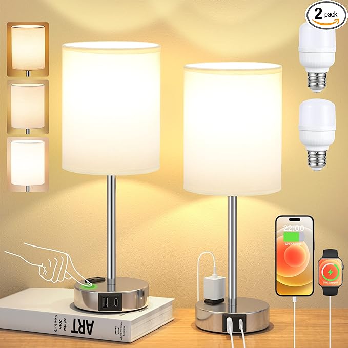 Touch Lamps for Bedrooms Set of 2 White - 3 Way Dimmable Bedside Lamp with USB C and A Ports and Outlets, Modern Nightstand Lamp with Linen Shade and Silver Base, Small Table Lamps for Kids Nursery - LeafyLoom