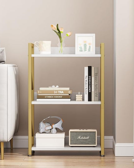 Small Bookshelf for Small Spaces, 3 Tier Bookcase, Narrow Gold Book Shelf, Small Shelf Open Display Rack for Bedroom, Living Room, Home Office,White&Gold - LeafyLoom