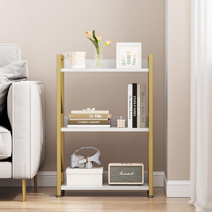 Small Bookshelf for Small Spaces, 3 Tier Bookcase, Narrow Gold Book Shelf, Small Shelf Open Display Rack for Bedroom, Living Room, Home Office,White&Gold - LeafyLoom
