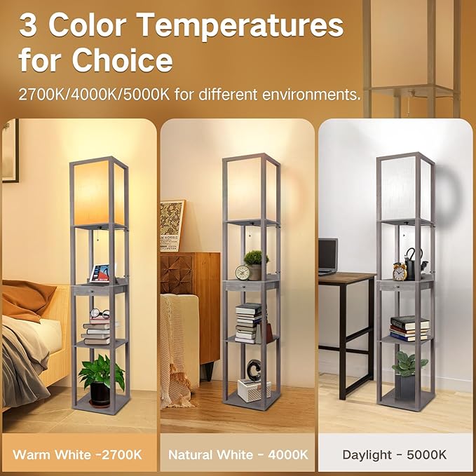 OUTON Deluxe Shelf Floor Lamp with 1 Drawer, 2 USB-C Ports, 2 AC Outlets, LED Modern Floor Lamp with 3 Color Temperature, Storage Display Wood Standing Lamp for Living Room, Bedroom, Office (Grey) - LeafyLoom