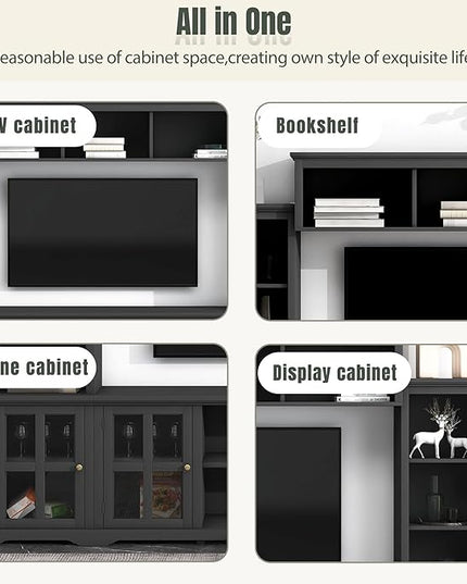 Merax Multifunctional TV Stand with Tempered Glass Door, Minimalism Style Entertainment Wall Unit with Bridge Modern Console Table for Televisions Up to 70”, 104.3 inch Length, Black - LeafyLoom