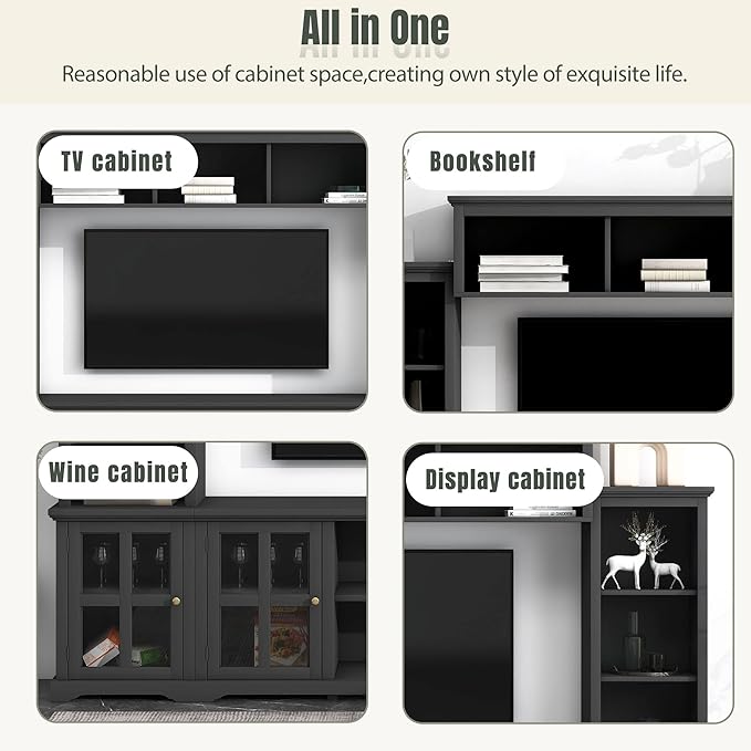Merax Multifunctional TV Stand with Tempered Glass Door, Minimalism Style Entertainment Wall Unit with Bridge Modern Console Table for Televisions Up to 70”, 104.3 inch Length, Black - LeafyLoom