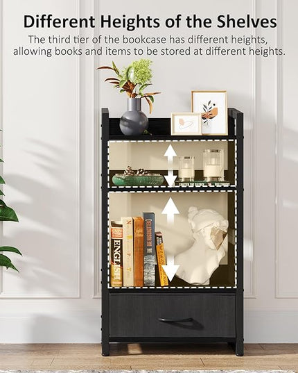 Small Bookshelf with Drawer: 4-Tier Wood Book Shelf Industrial Narrow Bookcase Storage Organizer Metal Stackable Shelves for Desktop Bedroom Living Room Home Office (Black) - LeafyLoom