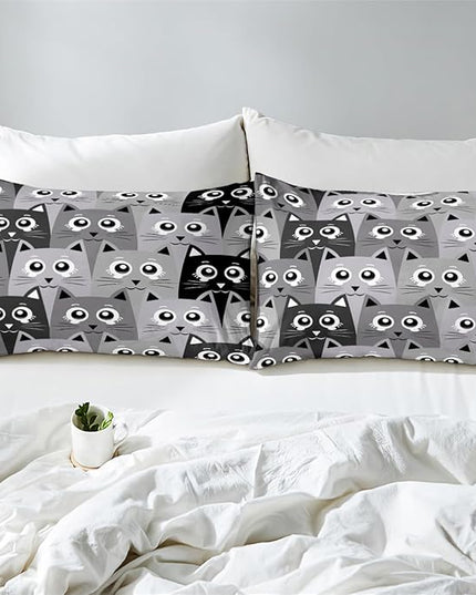 Cat Queen Comforter Set for Bedroom - 3Pcs Grey Cat Comforter Set for Teens Kids Cute Cartoon Cat Bedding Set Ultra Soft Warm Lightweight Kawaii Animal Patterns Comforter with 2 Pillowcases - LeafyLoom