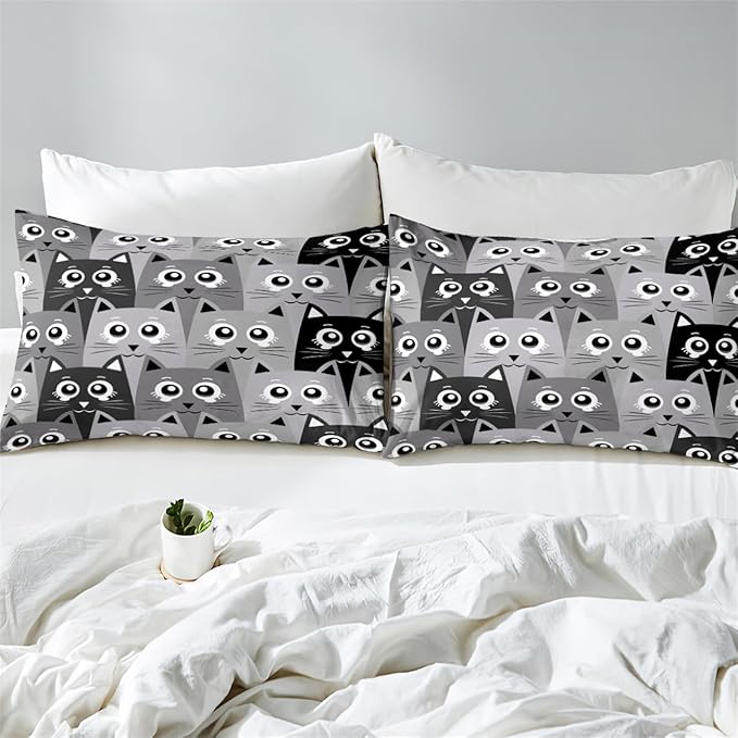 Cat Queen Comforter Set for Bedroom - 3Pcs Grey Cat Comforter Set for Teens Kids Cute Cartoon Cat Bedding Set Ultra Soft Warm Lightweight Kawaii Animal Patterns Comforter with 2 Pillowcases - LeafyLoom