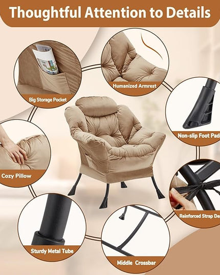 Lazy Chair Thick Padded, Accent Chair Velvet Upholstered with Wide Seat, Stable Metal Frame and Non-Slip Pad, Modern Sofa Armchair with Side Storage Bag for Dorm, Room, Office, Khaki - LeafyLoom