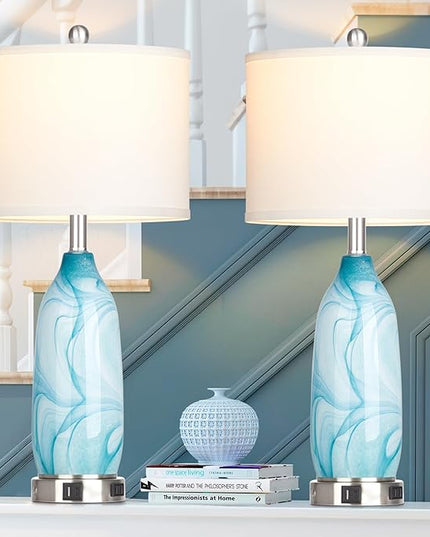 26" Coastal Table Lamps Set of 2, Modern Table Lamps with USB A+C Ports & AC Outlet, Touch Control Glass Bedside Nightstand Lamp with Night Light for Living Room Bedroom End Table Blue(Bulbs Included) - LeafyLoom