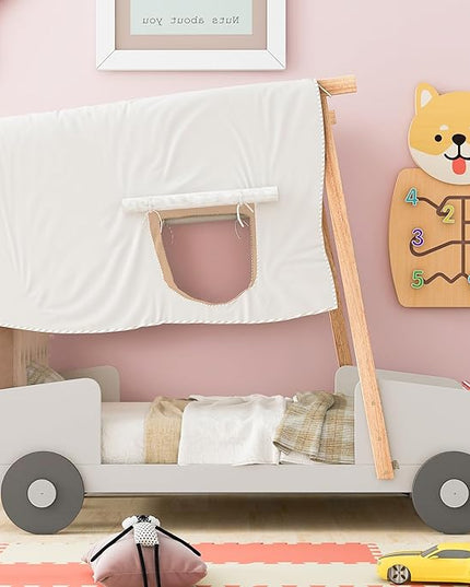 Twin Size Car Pillow, Ceiling Cloth and LED, Wood Kids Platform Bed for Boys Girls Teens Bedroom, Natural Color - LeafyLoom