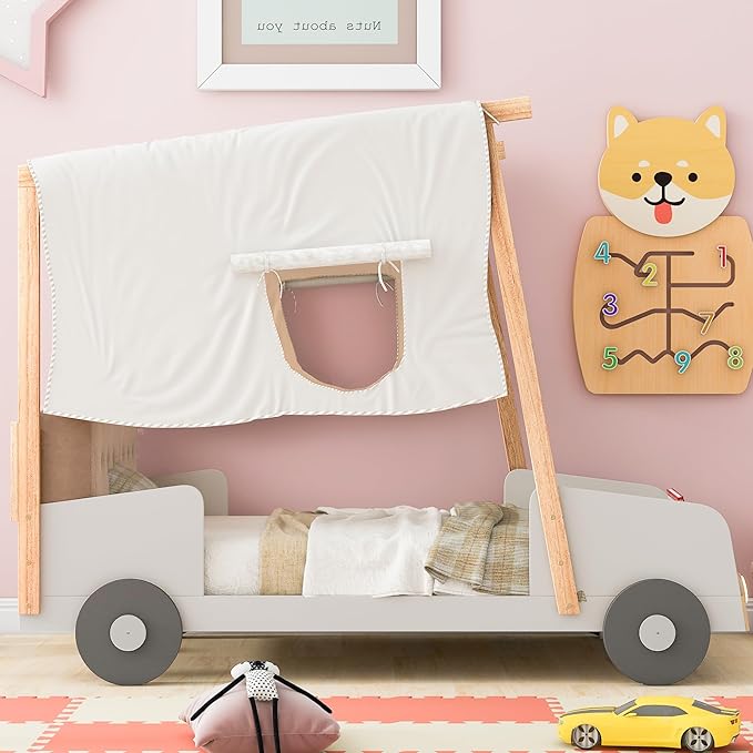 Twin Size Car Pillow, Ceiling Cloth and LED, Wood Kids Platform Bed for Boys Girls Teens Bedroom, Natural Color - LeafyLoom