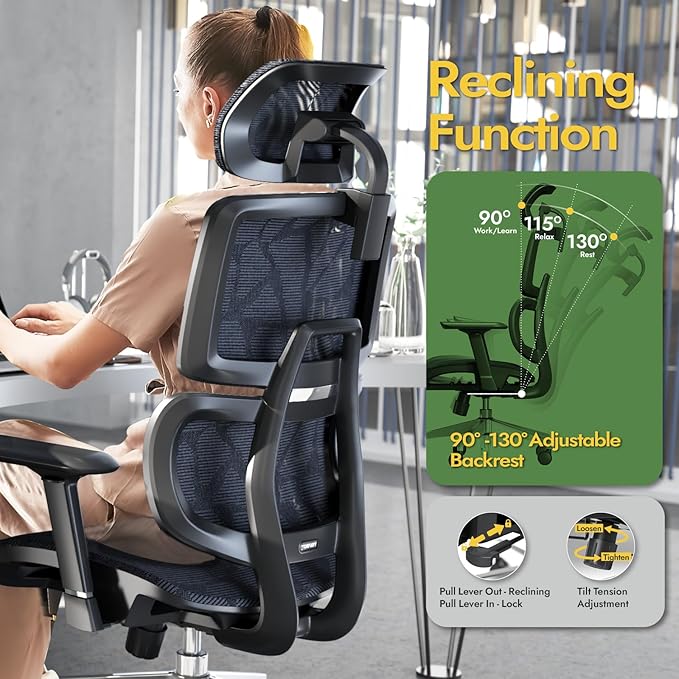 Office Chair Ergonomic Desk Chair, ALL-Mesh High Back Home Office Chair Lumbar Support, Reclining Gaming Chair Adjustable Armrests Headrest, Big and Tall Swivel Computer Chair 330LBS (Black) - LeafyLoom