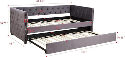 Twin Size Velvet Upholstered Daybed with Twin Trundle, Solid Wood Sofa Bed w/Button Tufted Backrest, for Living Room, Bedroom, Dorm, No Box Spring Needed, Space-Saving Design, Grey - LeafyLoom