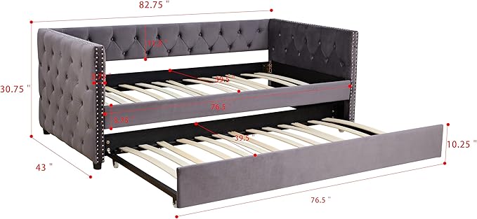 Twin Size Velvet Upholstered Daybed with Twin Trundle, Solid Wood Sofa Bed w/Button Tufted Backrest, for Living Room, Bedroom, Dorm, No Box Spring Needed, Space-Saving Design, Grey - LeafyLoom