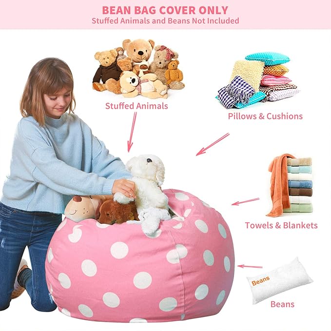 Aubliss Stuffed Animal Bean Bag Storage Chair (Light Pink Dot, Large (38'')) - LeafyLoom