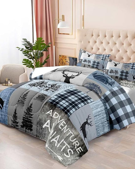 LUVIVIHOME 3PCS Rustic Cabin Comforter Set King Size, Black Bear Deer Elk Moose Woodland Forest Animals Wildlife Hunting Lodge Blue Plaid Country Farmhouse Bedding, Patchwork Quilt, 2 Pillow Shams - LeafyLoom