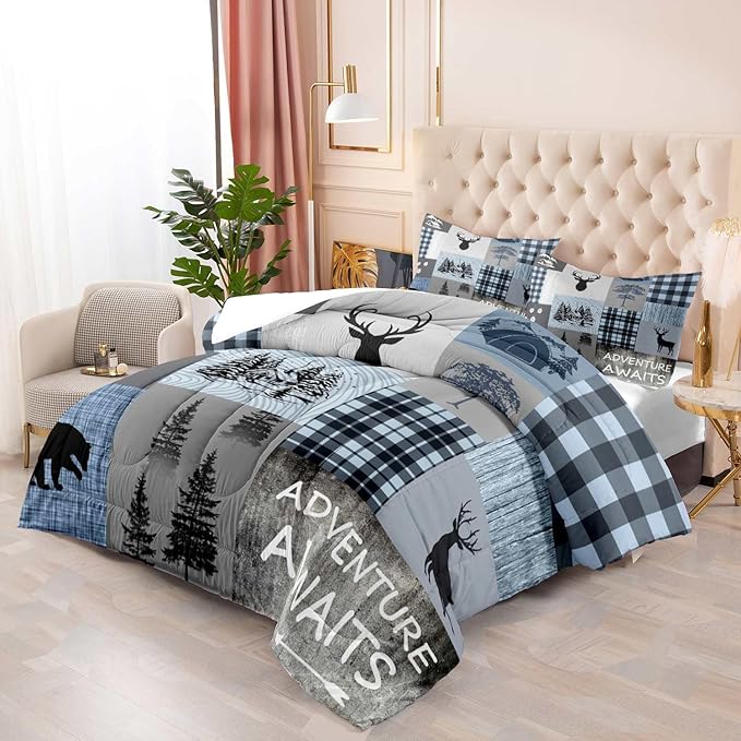 LUVIVIHOME 3PCS Rustic Cabin Comforter Set Queen Size, Black Bear Deer Elk Moose Woodland Forest Animals Wildlife Hunting Lodge Blue Plaid Country Farmhouse Bedding, Patchwork Quilt, 2 Pillow Shams - LeafyLoom