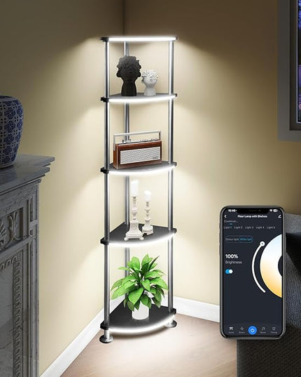 Floor Lamp, Corner Standing Lamp with Shelves, Dimmable Light, Music Sync, Timing, Wireless Charger, and USB Port (Black, 5 Tiers) - LeafyLoom