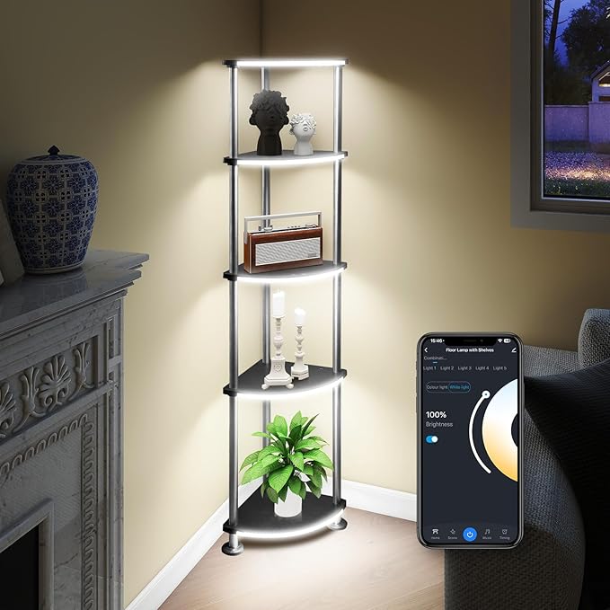 Floor Lamp, Corner Standing Lamp with Shelves, Dimmable Light, Music Sync, Timing, Wireless Charger, and USB Port (Black, 5 Tiers) - LeafyLoom